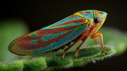 Vibrant Green Blue Red Leafhopper Insect Macro Close Up Detailed View
