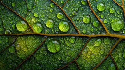 Fototapeta premium Vibrant Green Leaf with Dew Drops Macro Nature Background Image