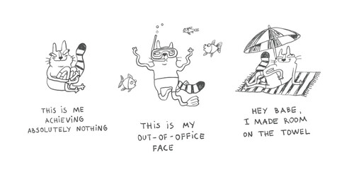 Funny Summer Beach Characters with Sarcastic Humor in Hand-Drawn Comic Doodle Style