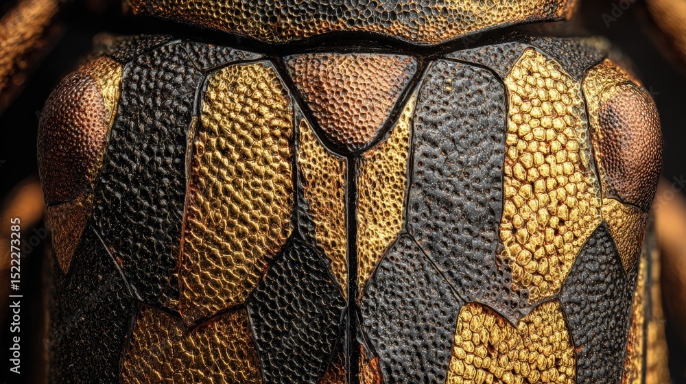 Poster close up detailed macro of a beetle's golden and black shell texture