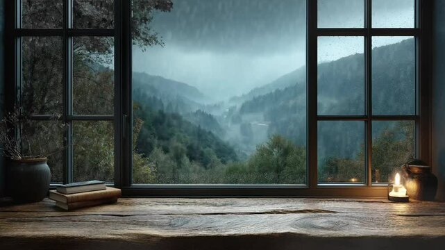 window overlooking with space for product display, a raining scene with lightning outside the windows, seamless looping animation background