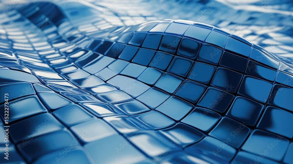 Poster abstract close-up view of shiny blue tiles arranged in a wavy pattern, creating a visually captivati