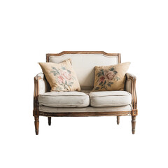 An elegant vintage loveseat with embroidered floral cushions offers a glimpse of comfortable living. Its classic design and intricate details exude timeless charm and understated luxury.