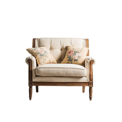 Elegant armchair, adorned with decorative pillows, exudes vintage charm and timeless appeal. An inviting space for relaxation and repose, showcasing a blend of comfort and classic design.