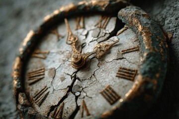 Close-up image of aged, crumbling clock with golden hands and numerals, showing deteriorated surface and passing hours