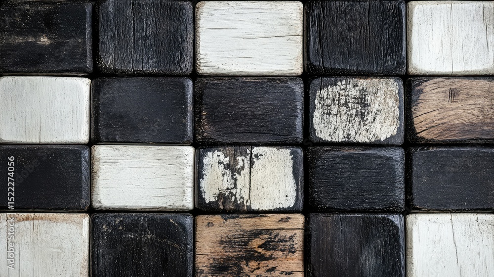 Poster abstract background of interlocking rectangular wooden tiles in various shades of black and white sh