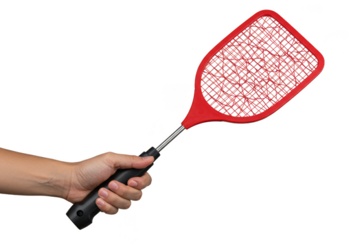 Isolated Studio Shot of Hand Holding Red Flyswatter for Pest Control