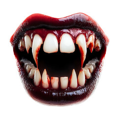 A striking close-up captures a set of open lips, revealing menacing fangs dripping in crimson, a captivating blend of beauty and horror.