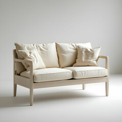 A Scandinavian light wood frame 2-seater sofa with cream cushion.