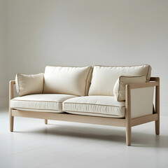 A Scandinavian light wood frame 2-seater sofa with cream cushion.