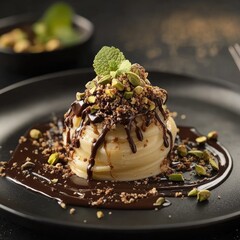 Creamy dessert topped with chocolate and pistachios