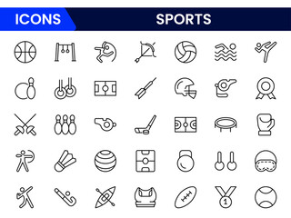 Energetic vector web line icons depicting sports equipment, activities, fitness, competition, and dynamic athletic performance for enthusiasts.