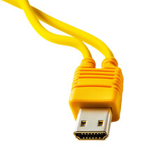 An up-close view of a vibrant yellow HDMI cable, illustrating technology and connectivity with its sleek design and meticulous detail.
