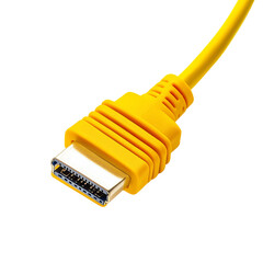 A close-up studio shot of a yellow HDMI cable, showcasing its connector against a stark background. Focus on sharp details and vibrant color.