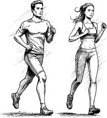 Fototapeta premium Running man and woman, isolated vector charcoal silhouettes. Run, side view. Charcoal sketches of athletic looking male and female runners running. EPS 10 version.