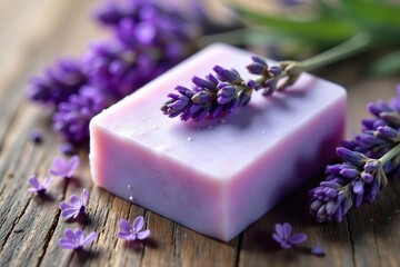 Luxurious lavender soap bar adorned with delicate dried lavender flowers, perfect for spa settings or bathroom displays Aromatic and visually appealing , natural beauty, spa essentials