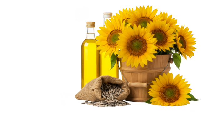 Isolated Still Life of Sunflower Oil and Seeds in Transparent Background