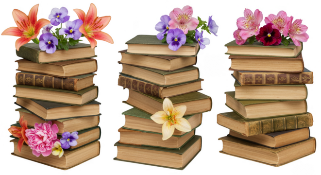 Isolated Still Life Stacks Of Vintage Books With Various Color Flowers - Powered by Adobe