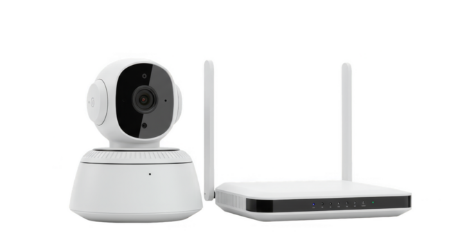 Isolated Security Camera and Wireless Router System on Transparent Background