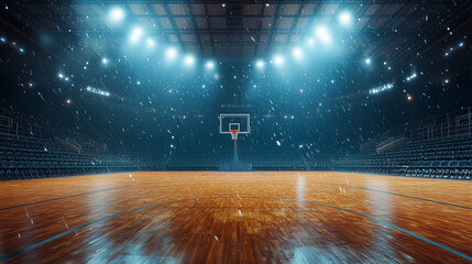 An empty basketball arena filled with swirling snow reflecting the bright stadium lights during an unexpected blizzard