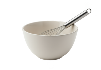 Isolated Studio Shot of Kitchen White Bowl with Metal Whisk