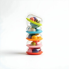 A stack of collectible toy capsules with clear lids revealing mystery items inside.