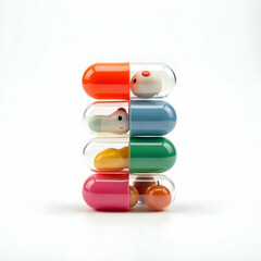 A stack of collectible toy capsules with clear lids revealing mystery items inside.
