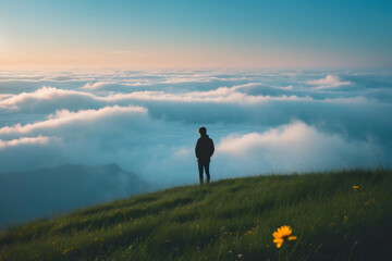 Fototapeta premium Landscape Nature Photography: Hiker's Journey Through Scenic Mountain Silhouette at Sunset with Dramatic Sky and Vibrant Flowers