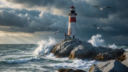 Lighthouse Amid Stormy Seas: Captivating Coastal Scenery with Epic Sky and Vibrant Nautical Elements