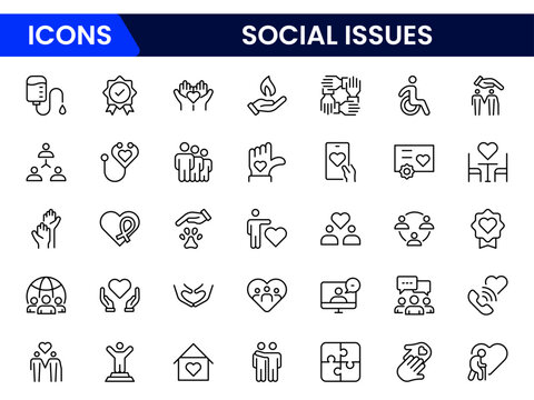 Impactful vector web line icons depicting social issues, equality, justice, community, awareness, and advocacy for positive societal change.