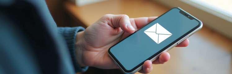 hand holds cellphone receives email clicks open message emerges within
