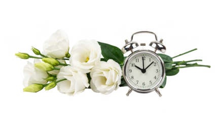 Isolated Still Life Alarm Clock with White Eustoma Flowers on Transparent Background