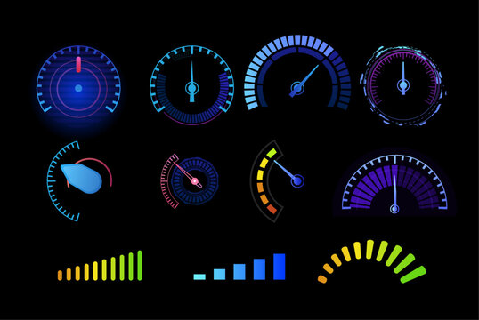 Vector set of automotive neon blue speedometer panels, with dial, scale and battery indicator.