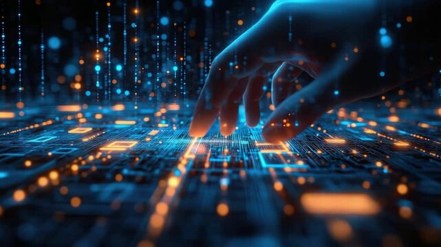 human hand touching a futuristic laptop computer video