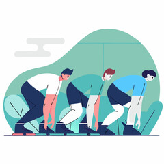 Fototapeta premium Minimalist vector illustration of multiple athletes crouched at the starting blocks on a track, ready to sprint.