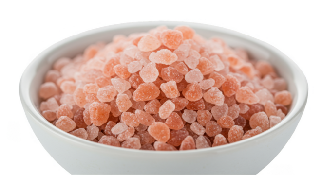 Isolated Still Life of Pink Himalayan Salt Crystals in White Bowl