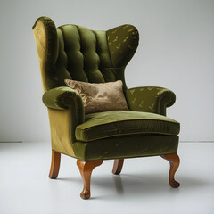 A traditional wingback armchair in olive green upholstery with classic wooden legs.