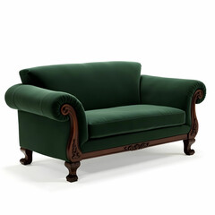 A traditional dark green 2-seater sofa with rolled arms and wooden legs.