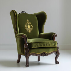 A traditional wingback armchair in olive green upholstery with classic wooden legs.