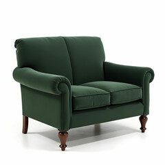 A traditional dark green 2-seater sofa with rolled arms and wooden legs.