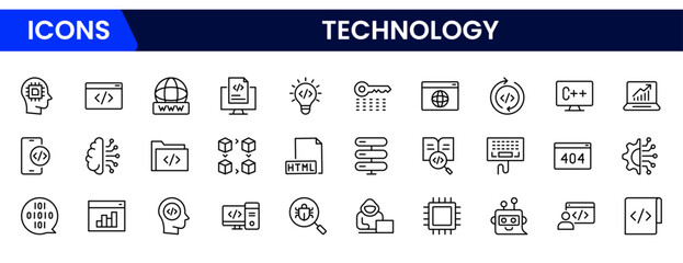 Cutting-edge vector web line icons depicting technology, coding, software development, innovation, and digital transformation for modern solutions.
