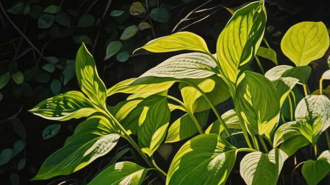 Bright Green Leaves in Sunlight with Detailed Veins and Rich Textures, Set Against a Dark Background Highlighting Nature's Beauty and Serenity