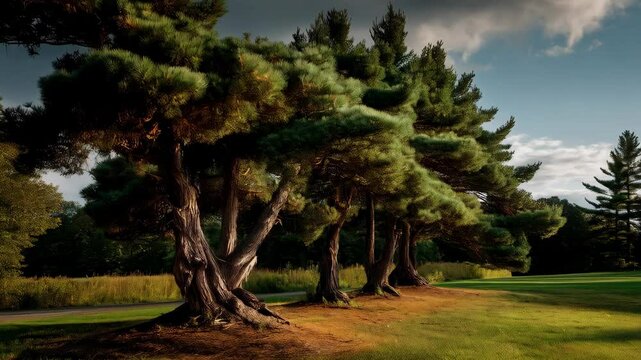 Picturesque trees with textured bark line a pathway in a lush, green field under a partly cloudy sky at golden hour