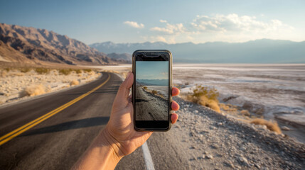 Apps You Need for a Road Trip. Hands holding a smartphone capturing a straight desert road and distant mountains on a sunny day, symbolizing adventure.