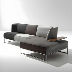 A two-tone L-shaped couch with textured fabric and a built-in side table.