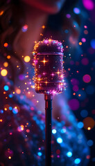 ファンタジーストーリー（スタンドマイクにそっと身を預け、澄んだ歌声で心の奥まで優しく満たす女性シンガー）