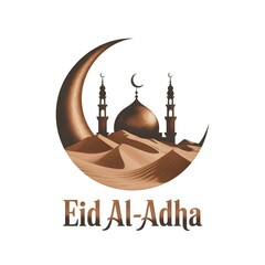 Eid al Adha Silhouette Logo with Crescent Moon Mosque and Elegant Typography

