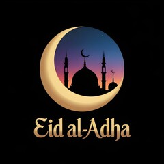 Eid al Adha Silhouette Logo with Crescent Moon Mosque and Elegant Typography

