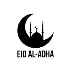Eid al Adha Silhouette Logo with Crescent Moon Mosque and Elegant Typography

