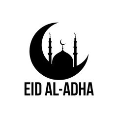 Eid al Adha Silhouette Logo with Crescent Moon Mosque and Elegant Typography

